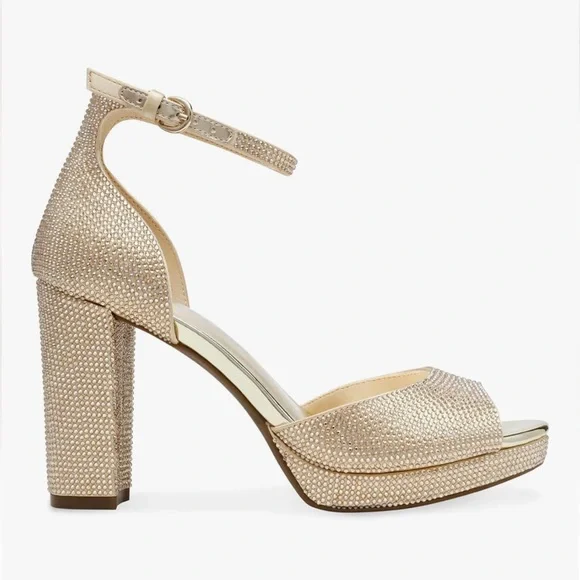 Anne Klein Rhinestone Embellished Chunky Gold Platform Heels Sandal NEW 6.5 Glam - Picture 10 of 11